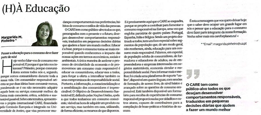 Un articolo sul progetto CARE pubblicato sulla stampa locale Diário de Aveiro